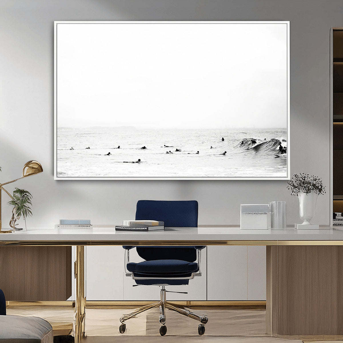 Monochrome Swimming Wall Art Canvas Print – Framed Ocean