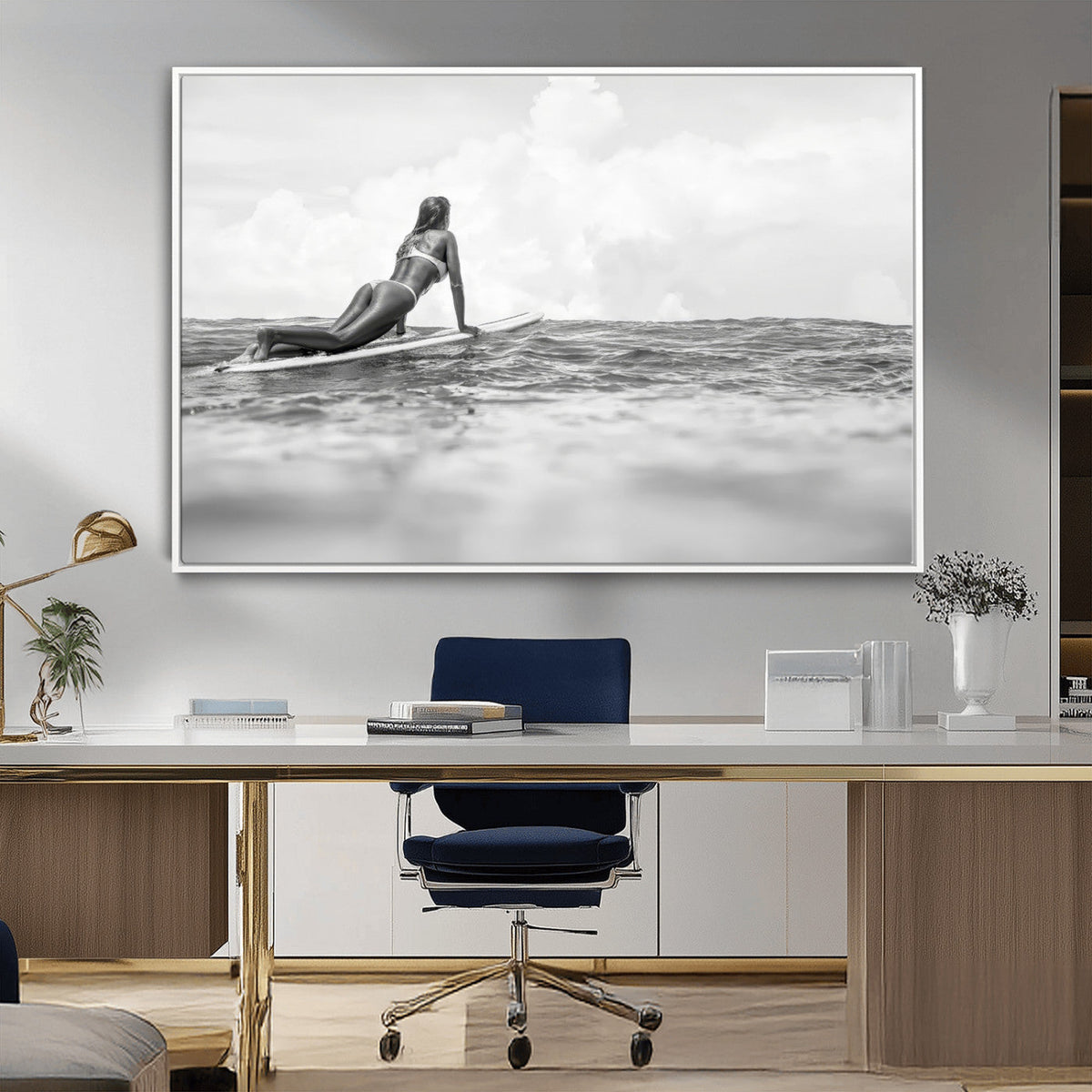 Black and White Surfing Wall Art Canvas Print – Framed Ocean