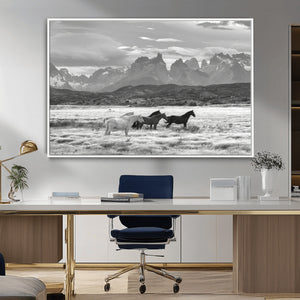 Wild Horses Wall Art Canvas Print – Framed Black and White