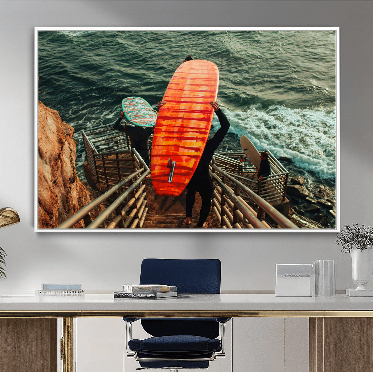 Surfer Stairway Wall Art – Framed Ocean Surf Canvas Artwork,