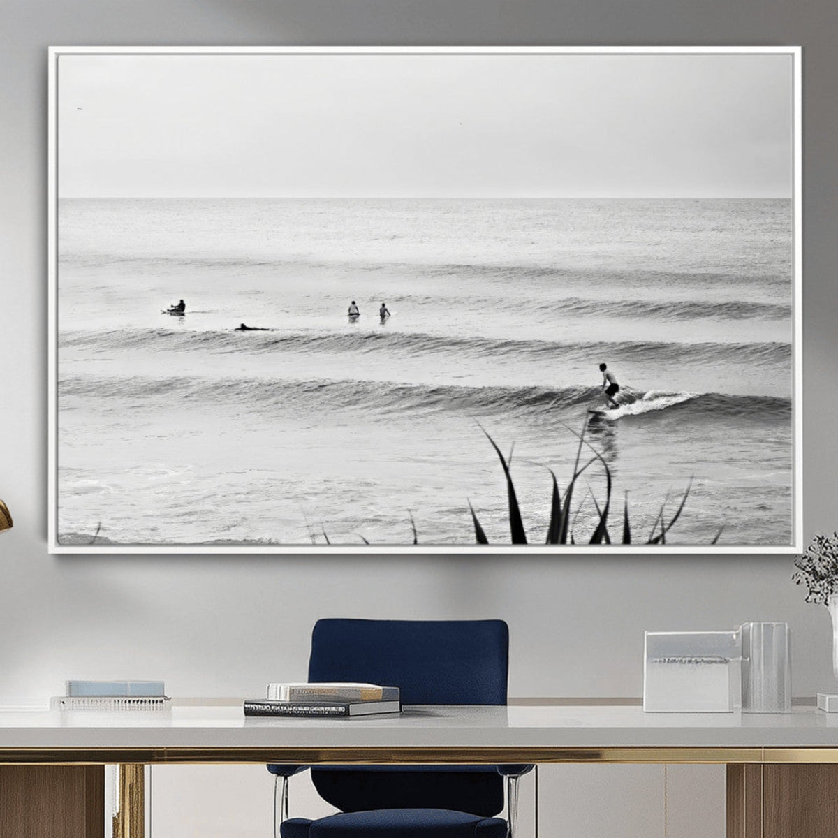 Surfer Silhouette Wall Art Canvas Print, Framed Calm Ocean