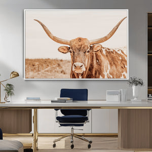 Texas Longhorn Wall Art Canvas Print – Framed Sepia Cow Art