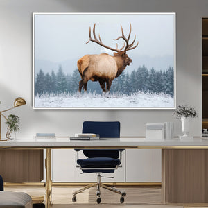 Elk Wall Art Canvas Print – Framed Snowy Forest Scene Art