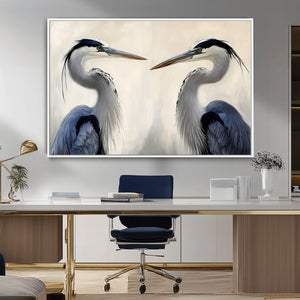 Blue Heron Pair Wall Art Canvas Print, Framed Coastal Bird