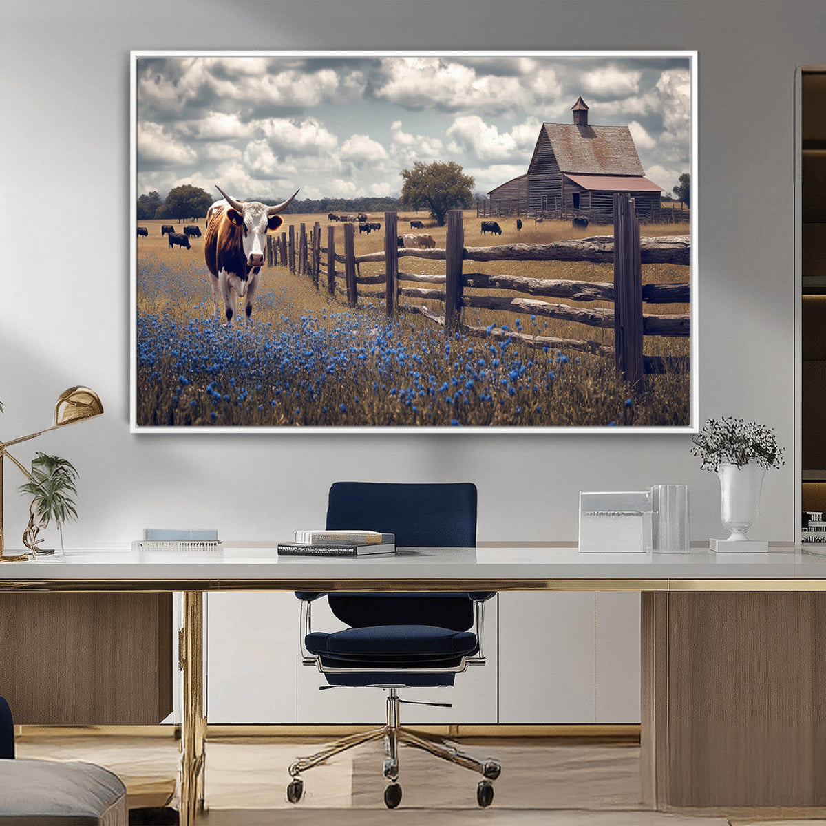 Texas Longhorn Canvas Wall Art Print – Framed Rustic Barn