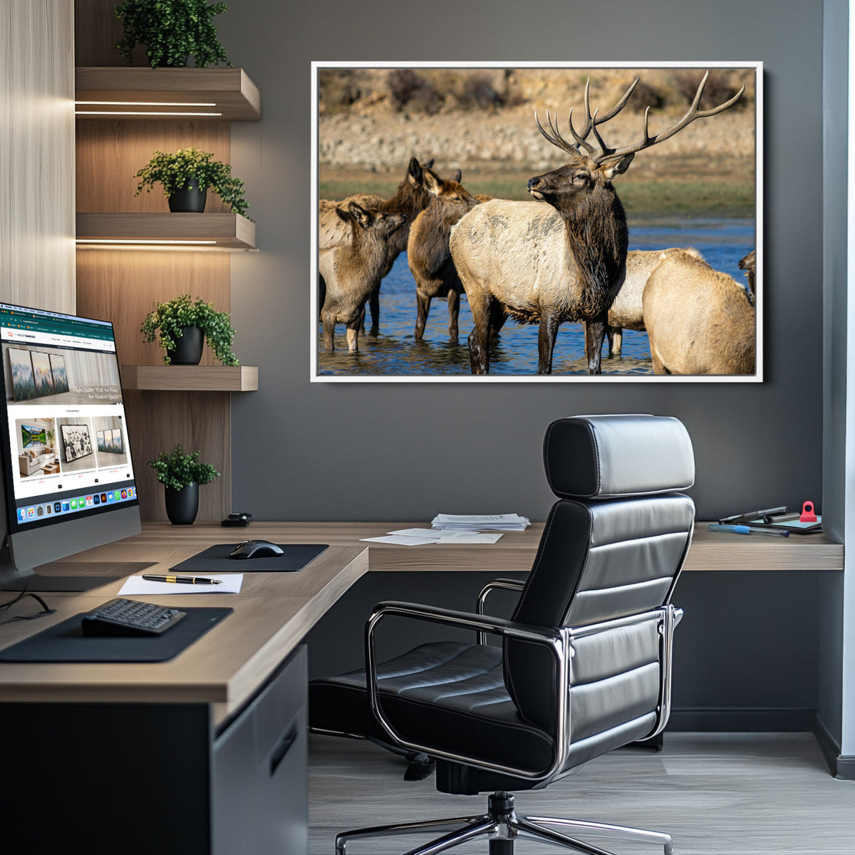 Wild Elk Wall Art Canvas Print – Framed Neutral Wildlife