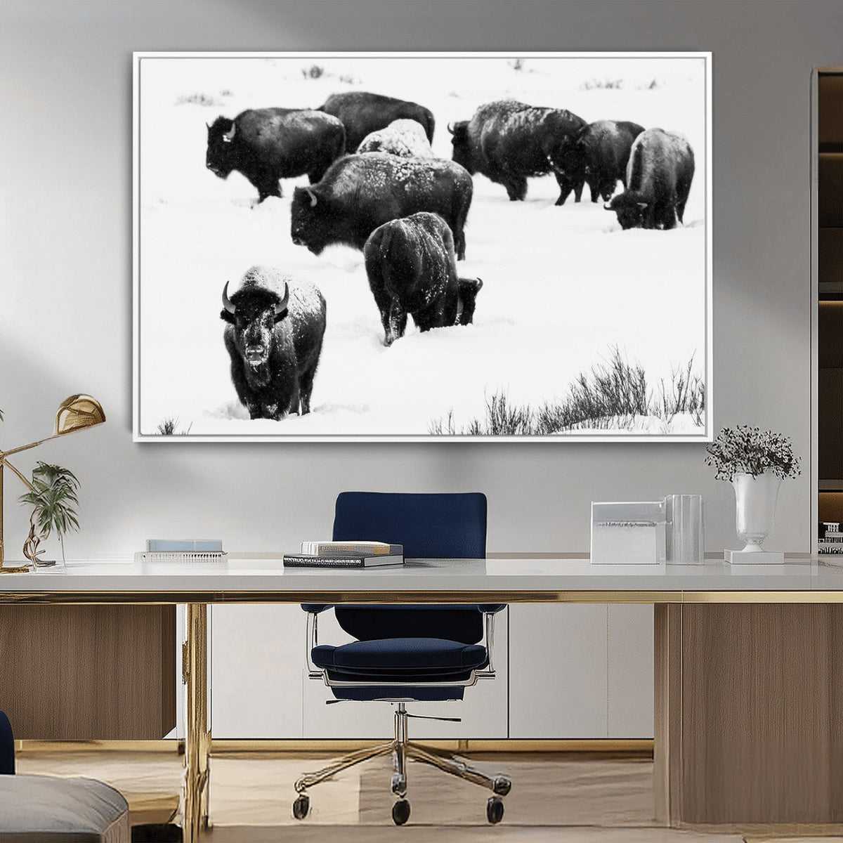 Buffalo Herd Wall Art Canvas Print – Framed Black and White