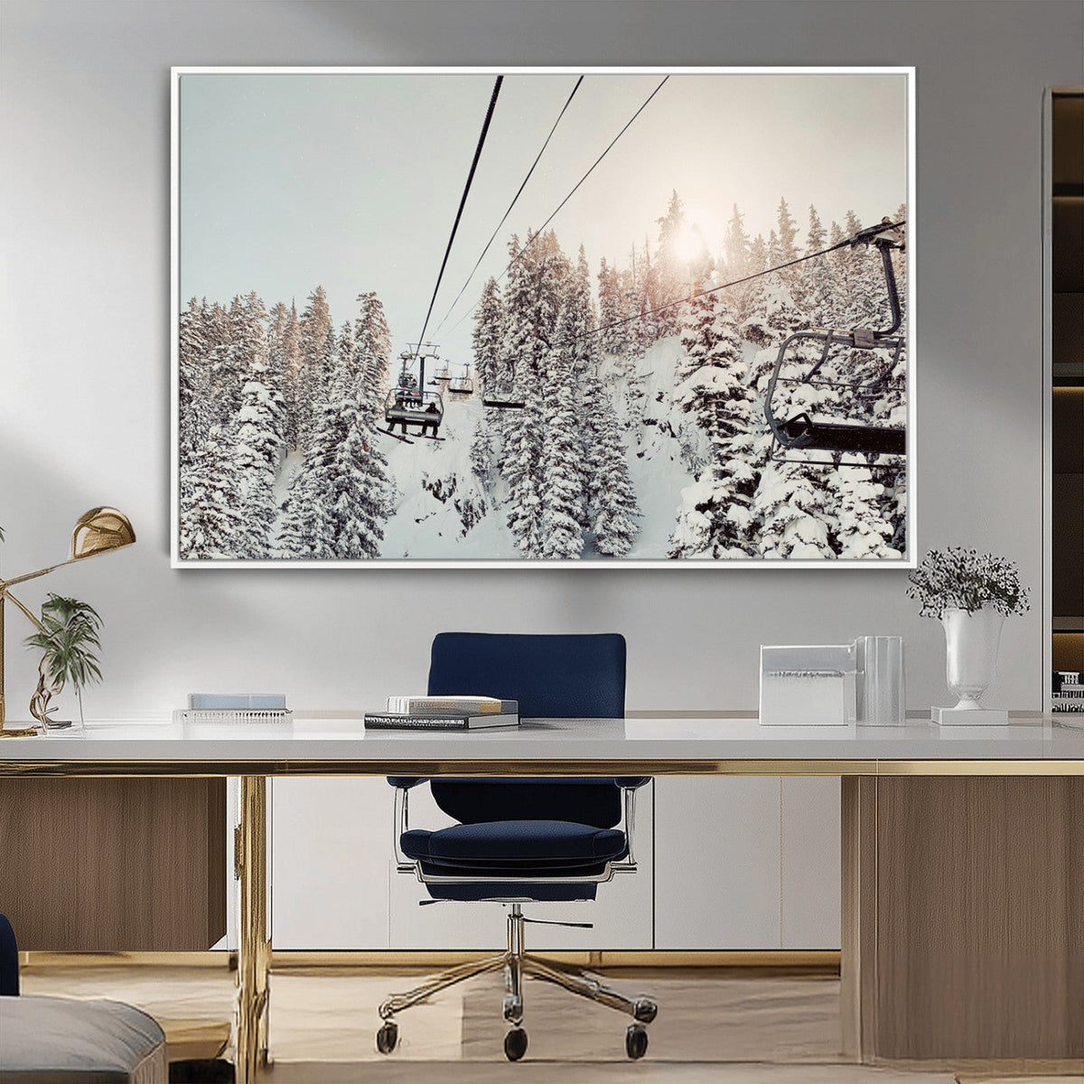 Frosty Pines Wall Art Canvas Print – Framed Cozy Cabin Ski