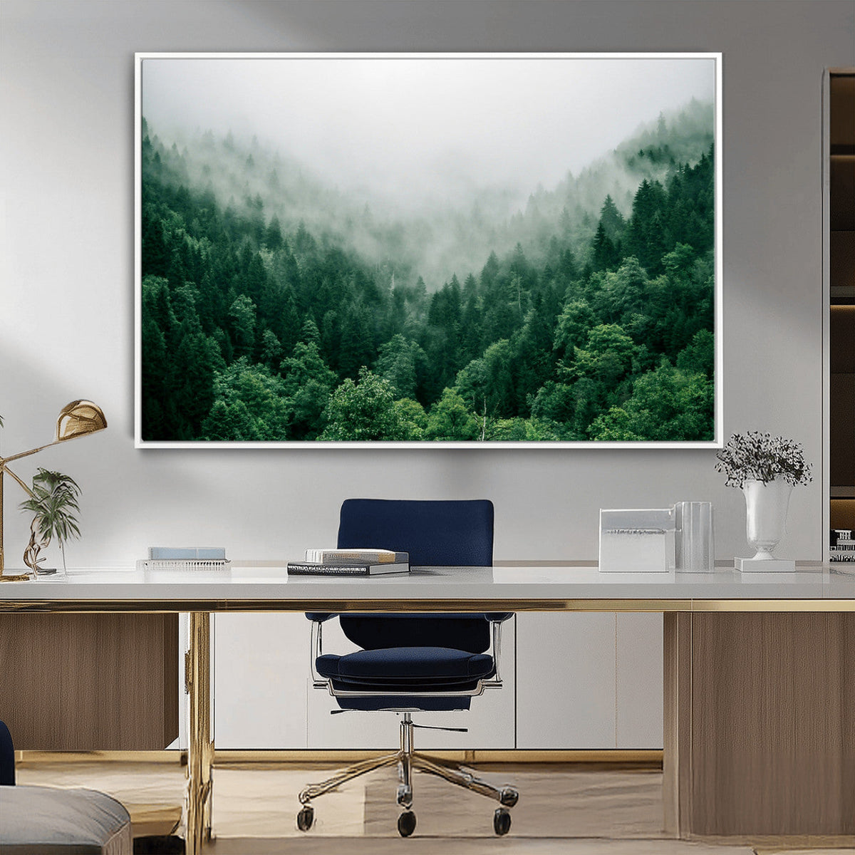 Misty Green Forest Canvas Print – Framed Serene Foggy Pine