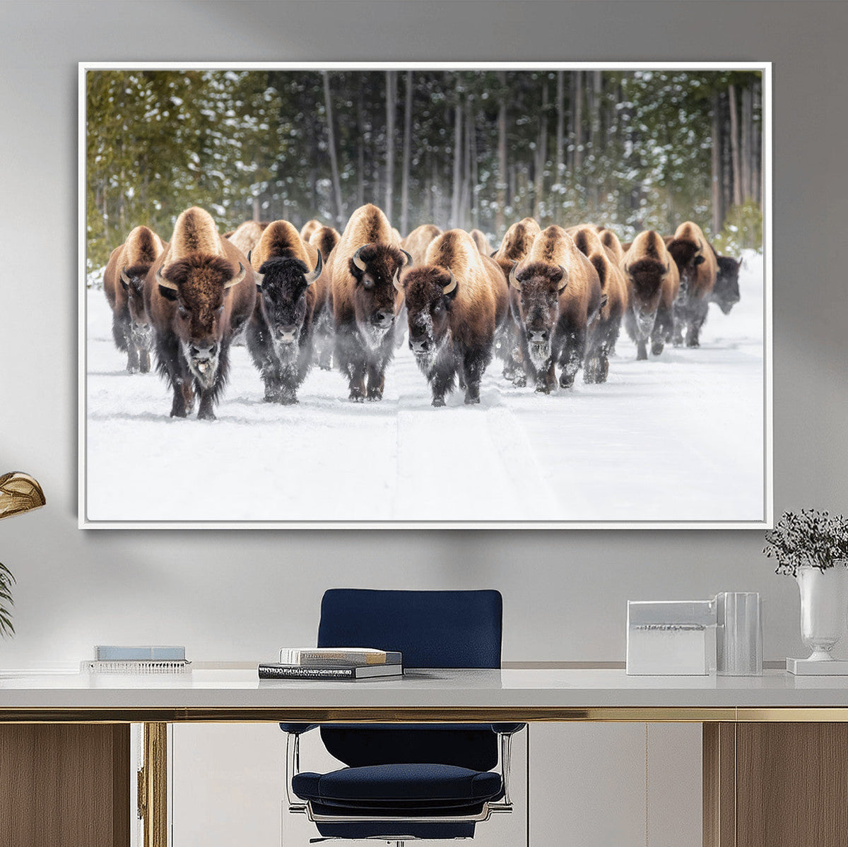 American Bison Herd Wall Art Canvas Print – Powerful Winter