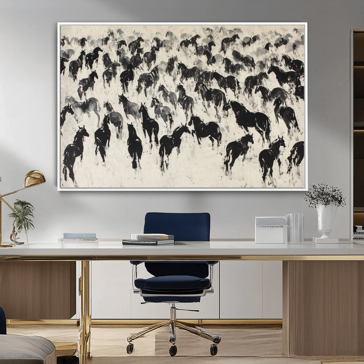 Wild Horse Stampede Wall Art Canvas Print – Monochrome