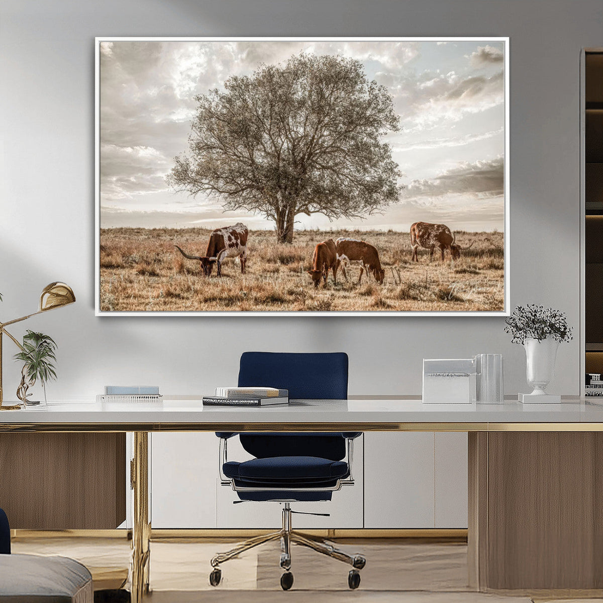 Texas Longhorn Cattle Wall Art, Rustic Western Ranch Canvas