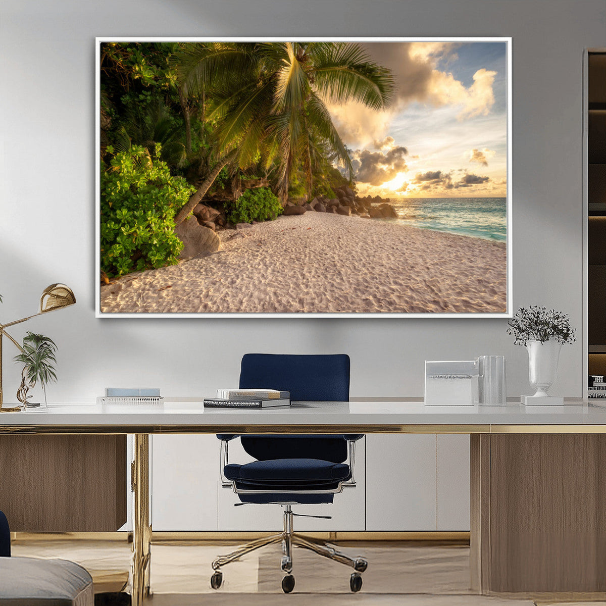 Tropical beach sunset, palm trees, white sand, ocean waves,