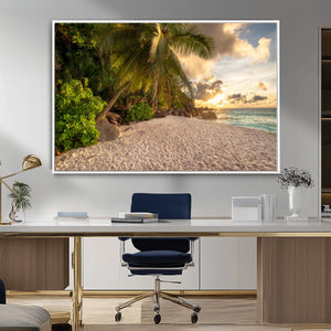 Tropical beach sunset, palm trees, white sand, ocean waves,