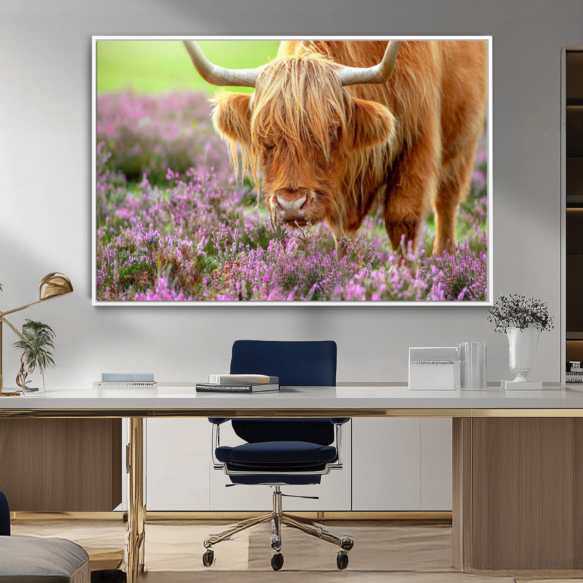Highland Cow Wall Art Canvas Print – Framed Purple Flowers