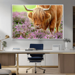 Highland Cow Wall Art Canvas Print – Framed Purple Flowers