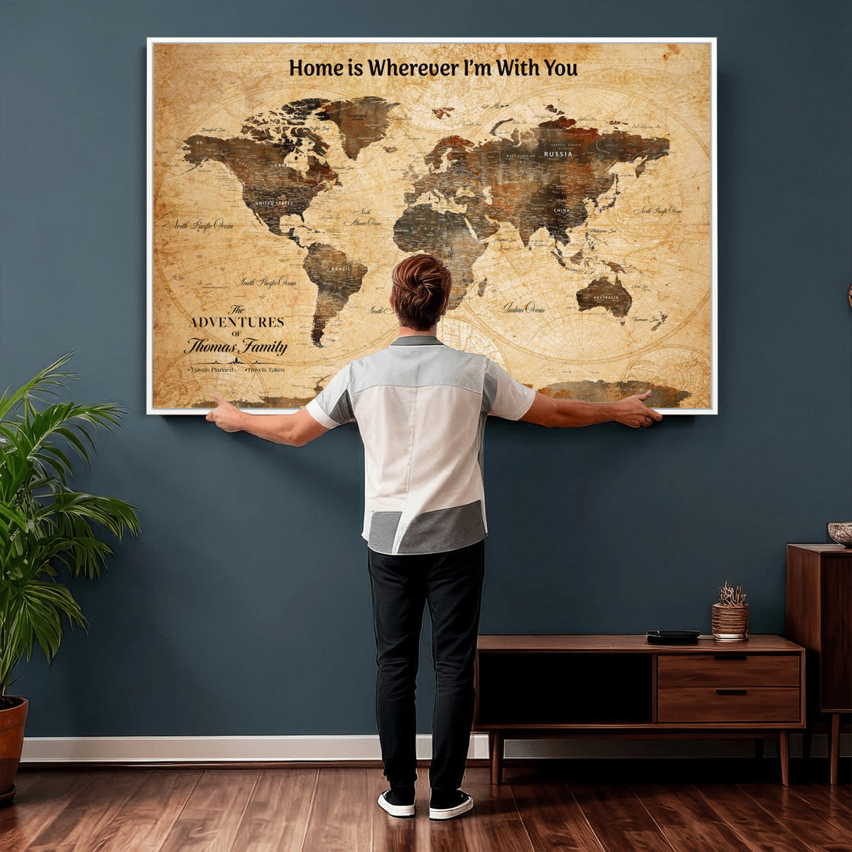 Vintage World Map Canvas Wall Art Print, Personalized