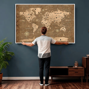 Custom Push Pin World Map Wall Art Canvas Print – Personalized Travel Tracker with Pins Framed Large for Home and Office Decor
