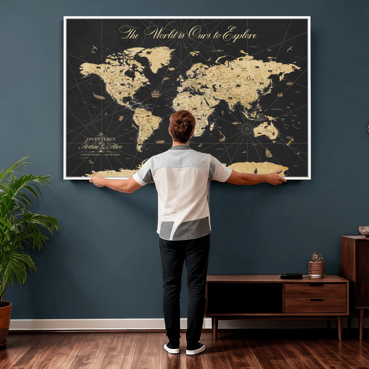 Custom Push Pin World Map Wall Art Canvas Print – Personalized Travel Tracker with Pins Framed Large for Home and Office Decor
