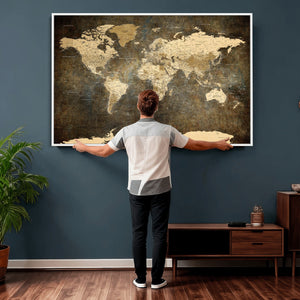 Large Framed Vintage World Map Wall Art Print for Home Wall