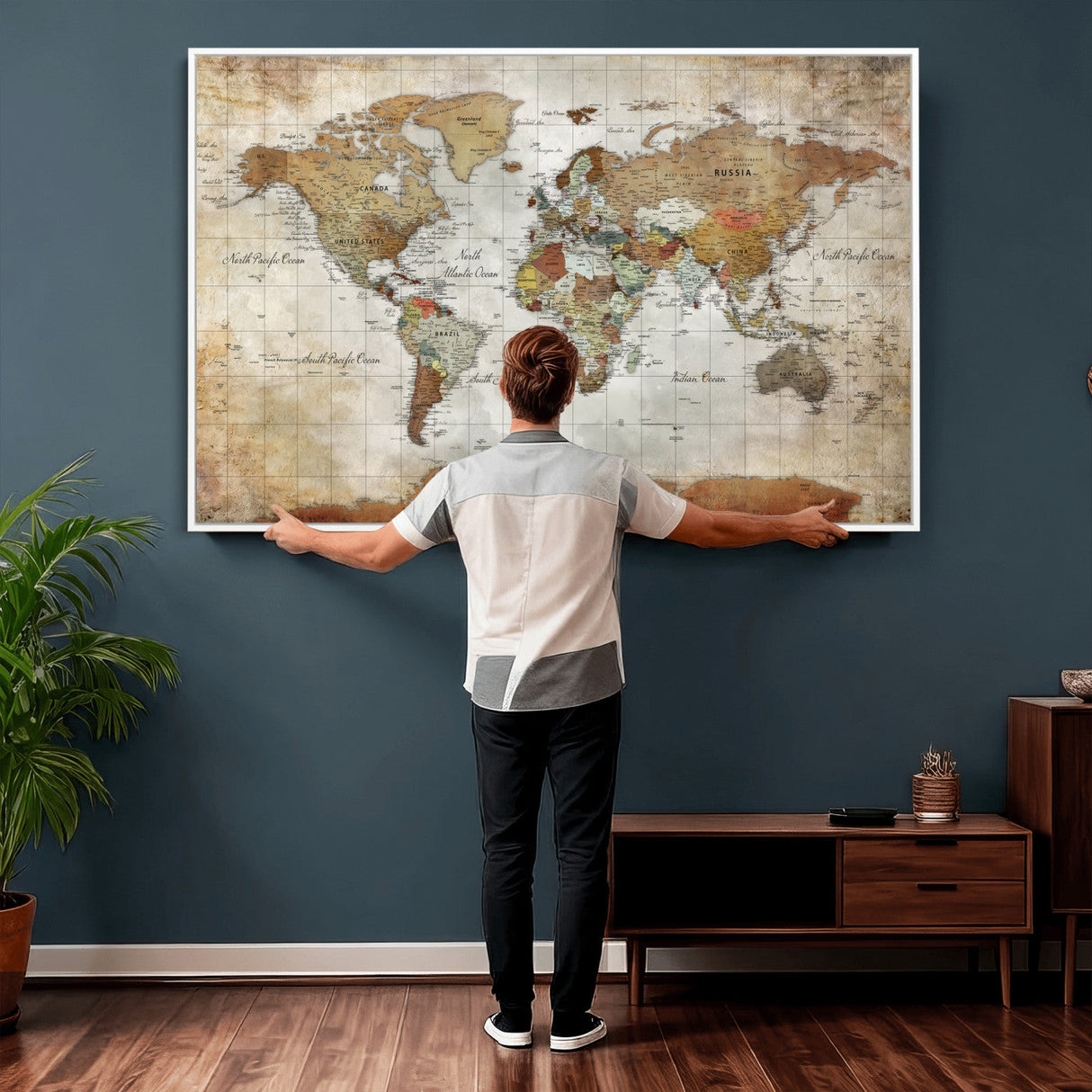 World Map Wall Art Canvas Print, Modern Decorative Framed Map Artwork Prints for Living Room, Office, Bedroom Wall Decor