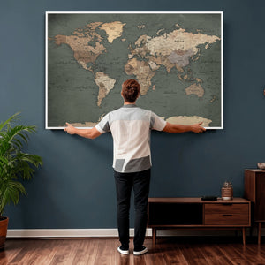 Rustic Black and Wood World Map Canvas Wall Art – Framed