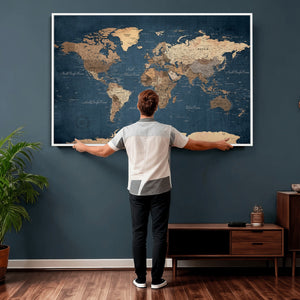 Navy Blue World Map Canvas Print – Framed Travel Map Wall