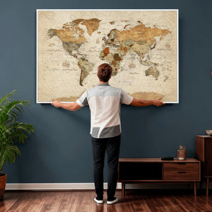 Rustic Vintage World Map Canvas Print – Framed Modern