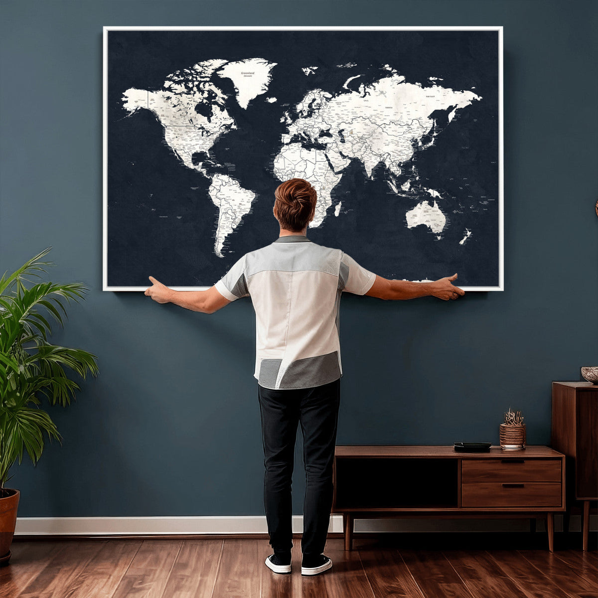 Black World Map Wall Art Canvas Print for Home Office and