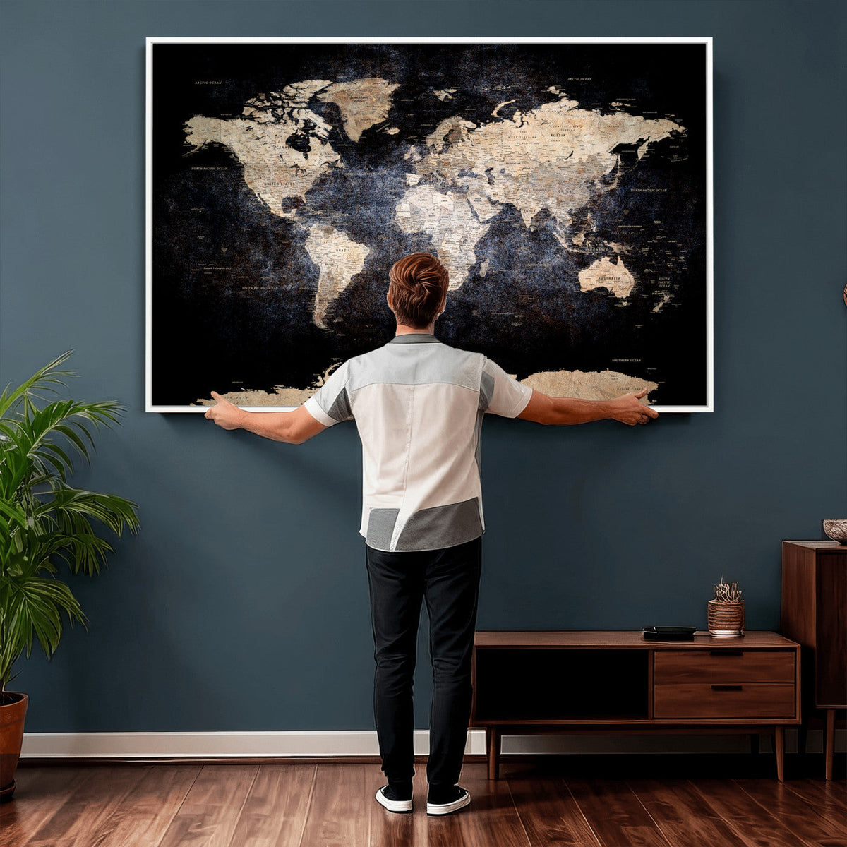 Grunge World Map Wall Art | 3-Panel Large Beige and Brown