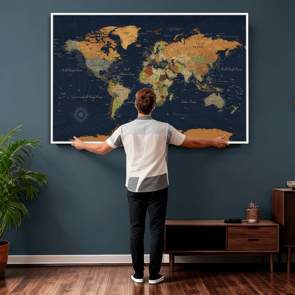 Modern World Map Canvas Print – Framed Detailed Map of the