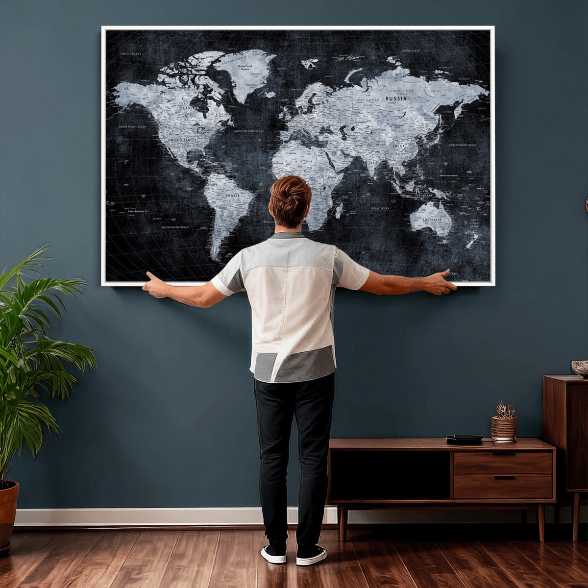 Black World Map Canvas Print – Detailed Map for Couples and