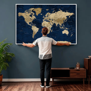 Navy Blue World Map Canvas Print – Detailed Map Minimal Navy