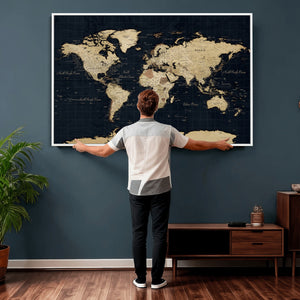 Dark World Map Canvas Wall Art Print, Minimal Black and Gold