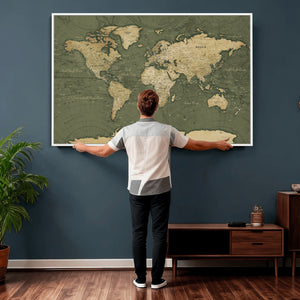 Large World Map Canvas Wall Art Print for Study Room Decor -