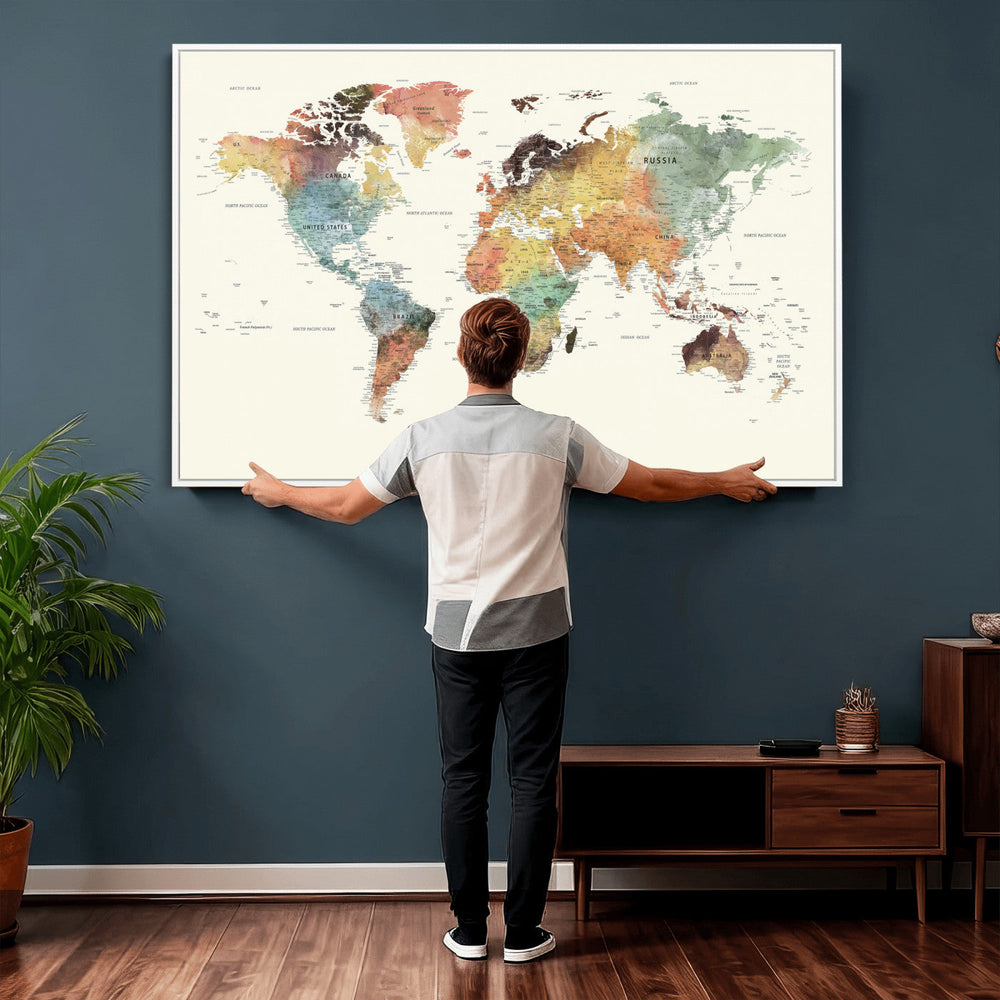 Framed World Map Wall Art Canvas Print for Living Room and