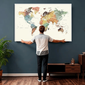 Framed World Map Wall Art Canvas Print for Living Room and
