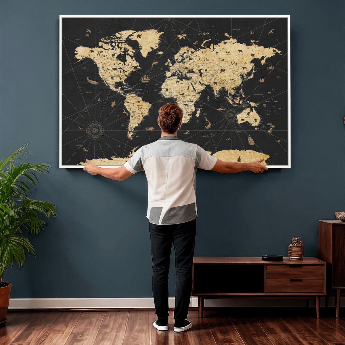 Vintage Blue and Brown World Map Canvas Wall Art – Framed