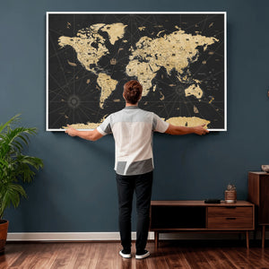 Vintage Blue and Brown World Map Canvas Wall Art – Framed