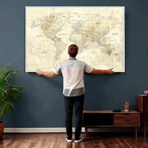 Colorful Watercolor World Map Canvas Wall Art – Framed