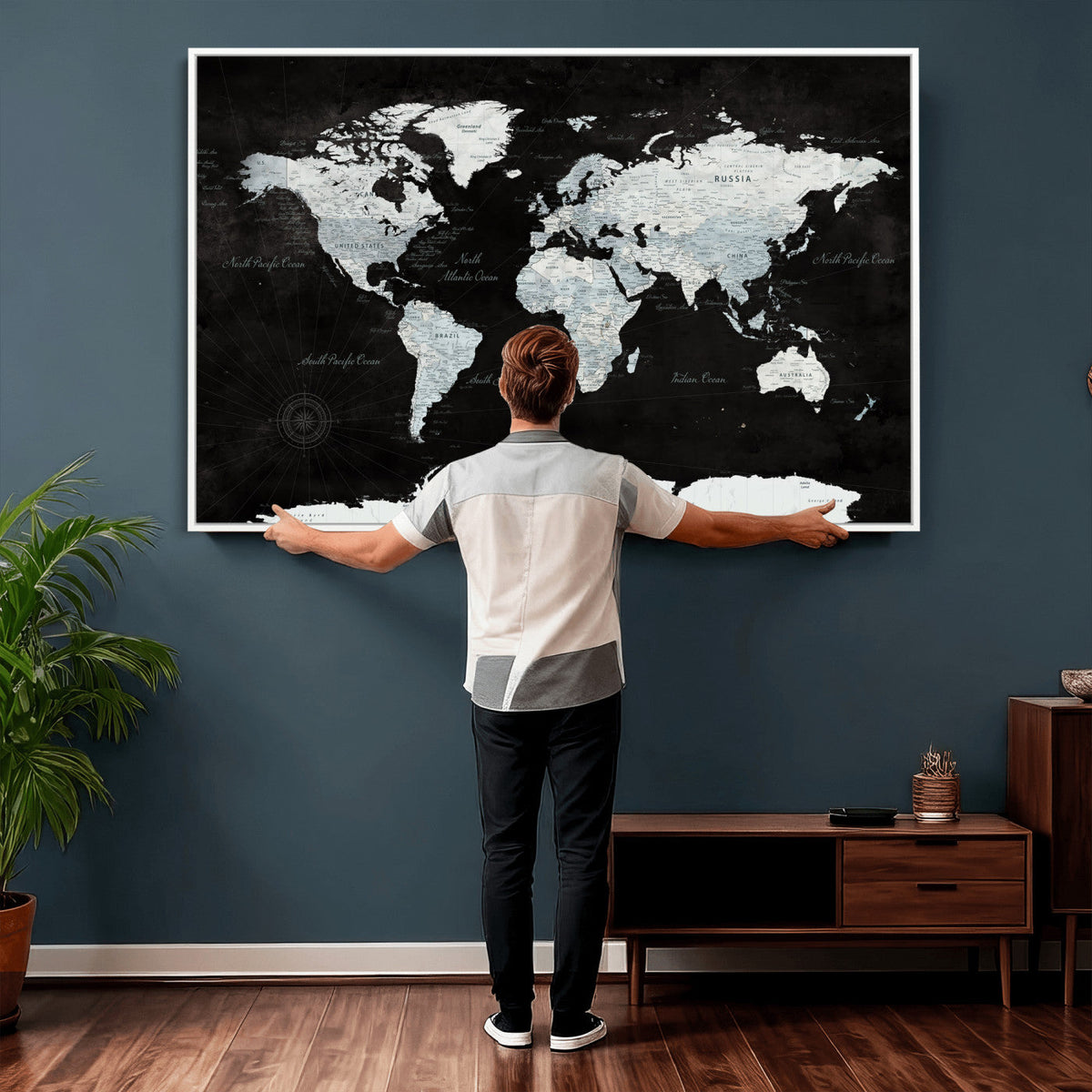 World Map Canvas Print – Framed Push Pin Wall Art, Color