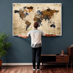 World Map Wall Art – Rustic Earth Tone Canvas Print, Antique