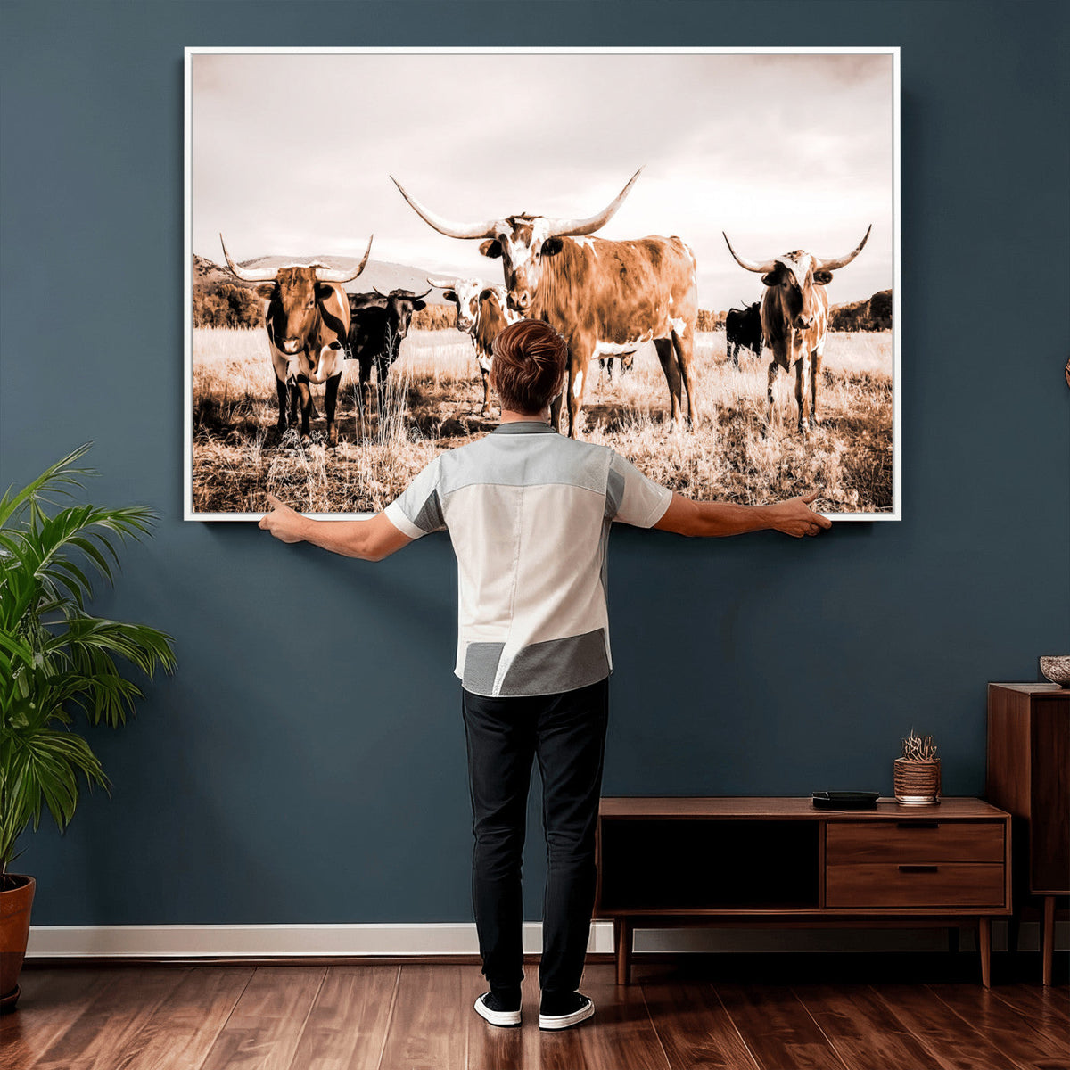 Texas Longhorn Cattle Wall Art Canvas Print, Sepia Western