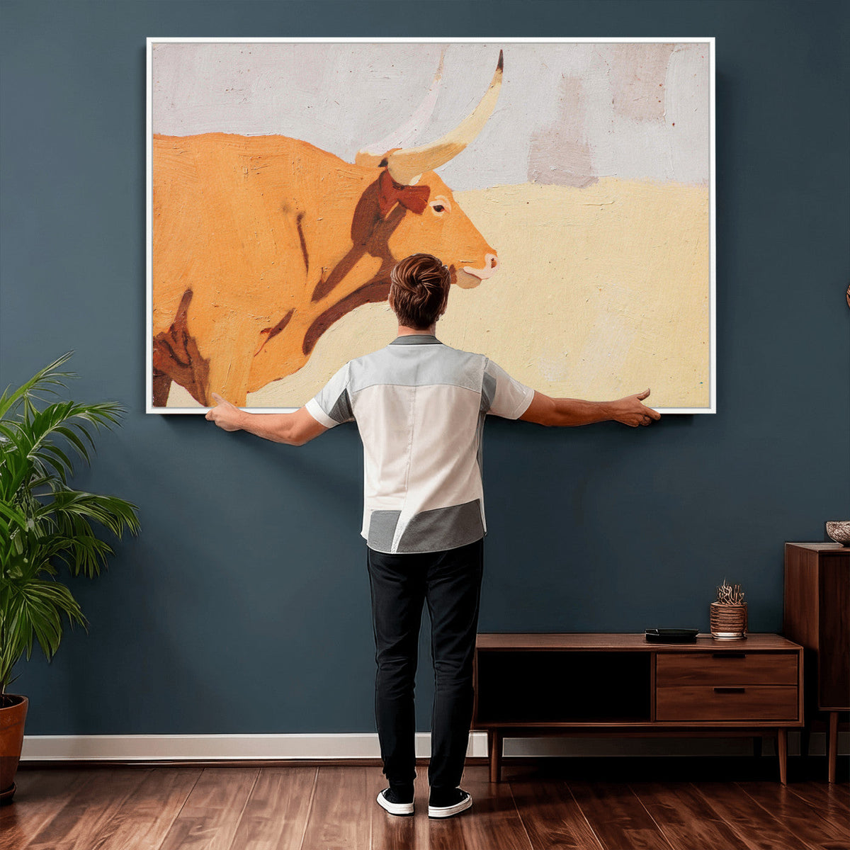 Minimal Longhorn Bull Wall Art Canvas Print, Neutral Western
