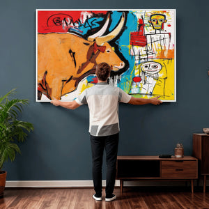 Basquiat Style Bull Graffiti Wall Art Canvas Print, Street