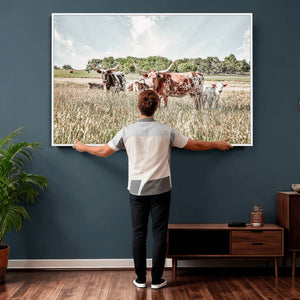 Texas Longhorn Cattle Wall Art Canvas Print, Rustic Ranch