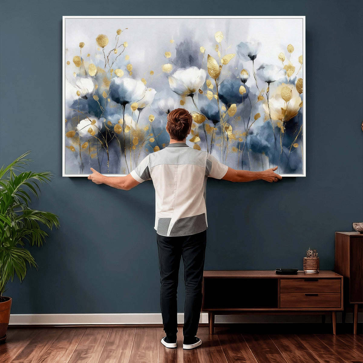 Large Abstract Flowers Wall Art Canvas Print – Gold and Blue