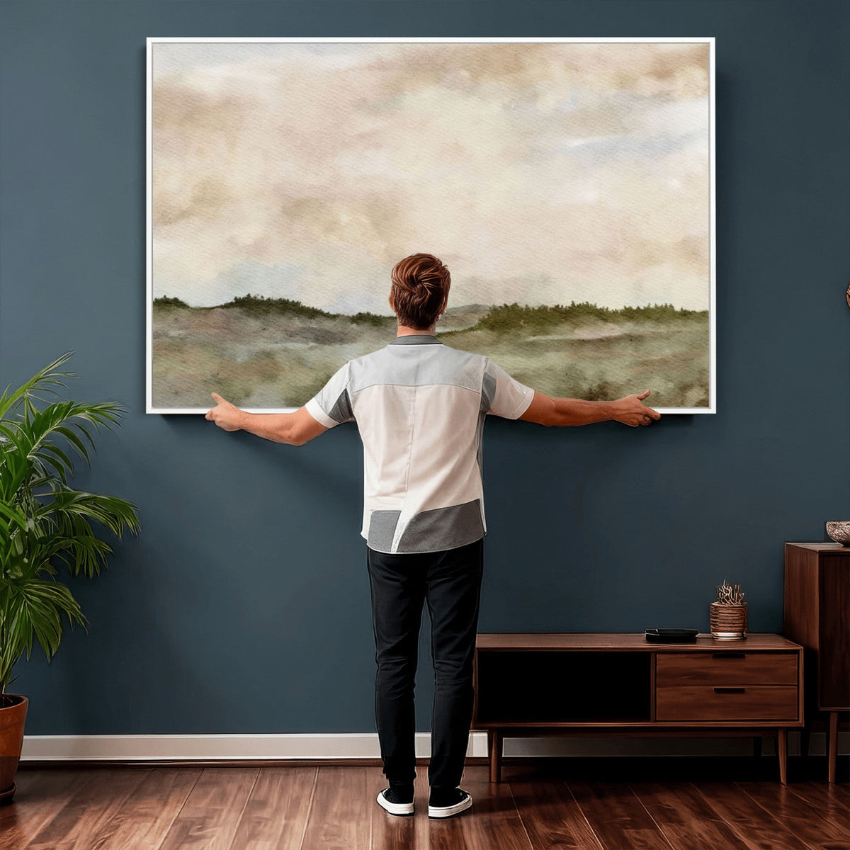 Muted Watercolor Hill Landscape Print — Beige Taupe Cloudy