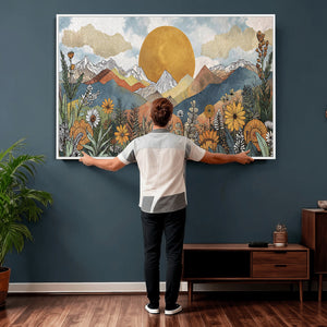 Boho Mountain Landscape Large Wall Art, Horizontal Gold