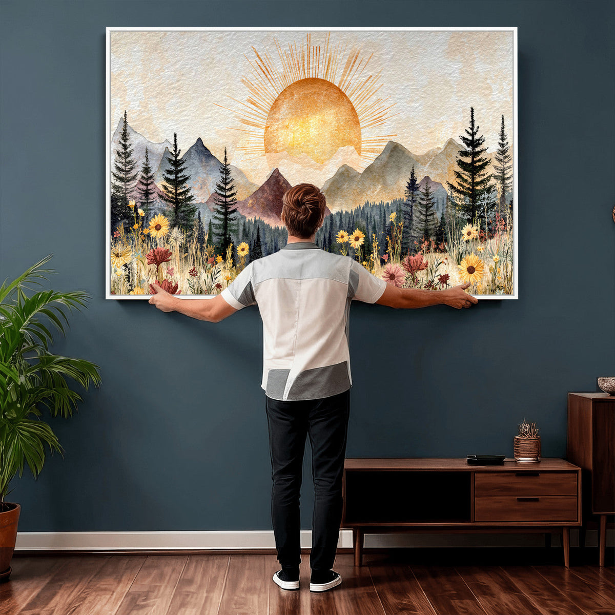 Boho Mountain Landscape Large Wall Art, Horizontal Gold